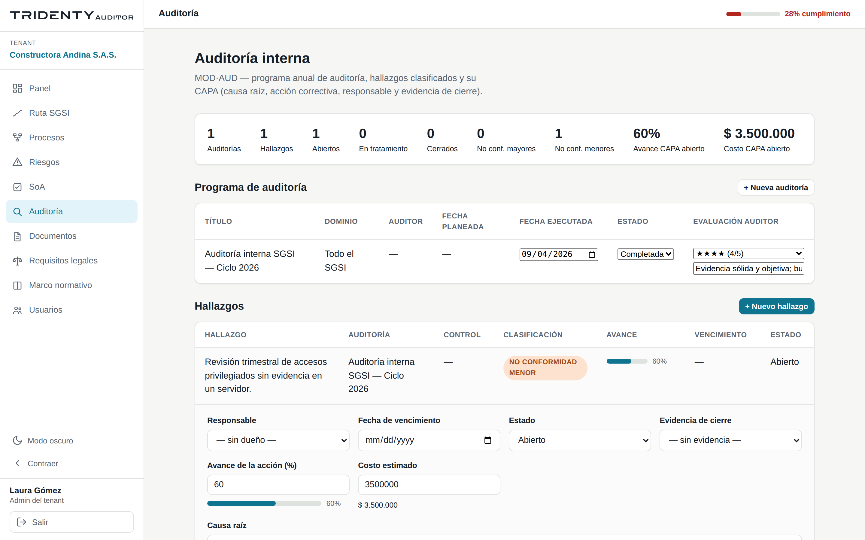 Auditoría interna de Tridenty Auditor con hallazgos y CAPA